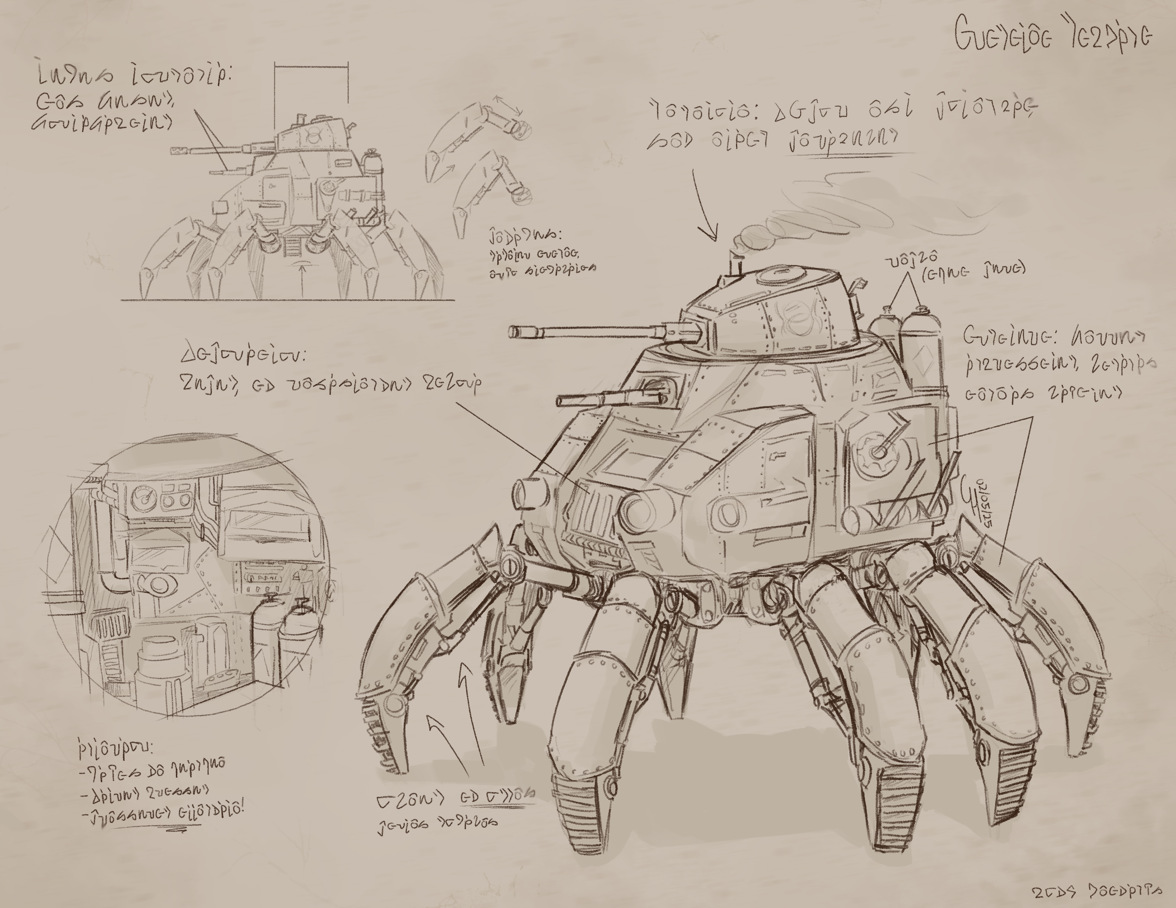 An annotated drawing of a military tank with eight legs instead of treads.