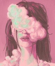 surrealist portrait of a woman with cotton clouds covering her eyes and body