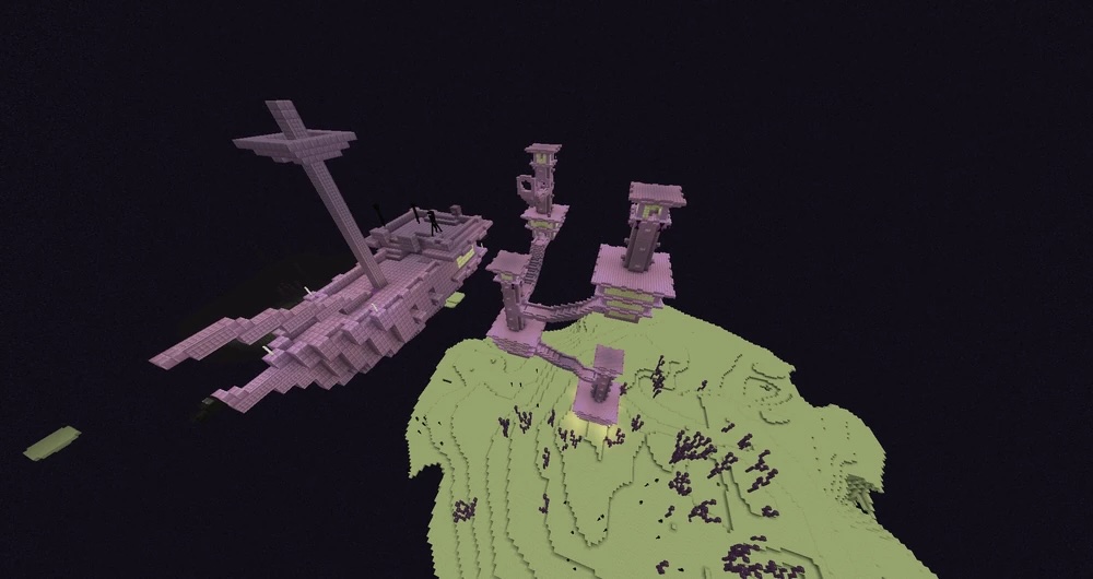 A picture of End City in Minecraft.