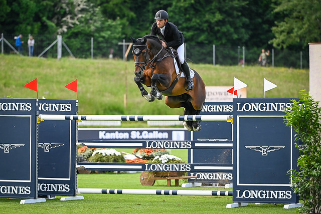 Showjumping-Rider and horse jumping over a fence