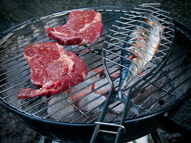 A picture of beef and fish BBQ