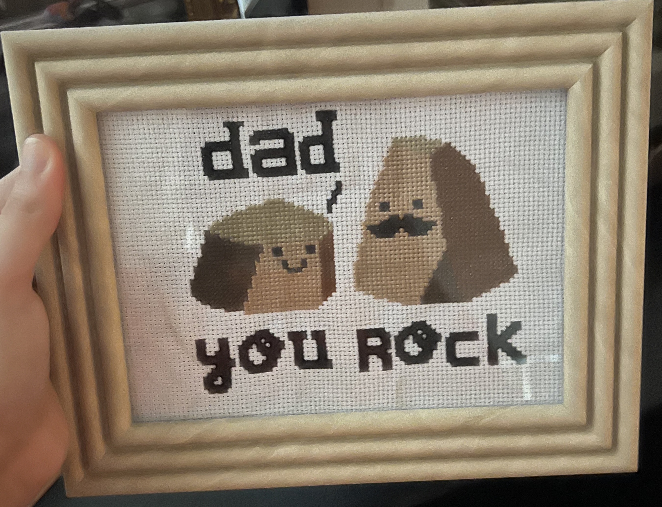 Frame with cross-stitch of two rocks