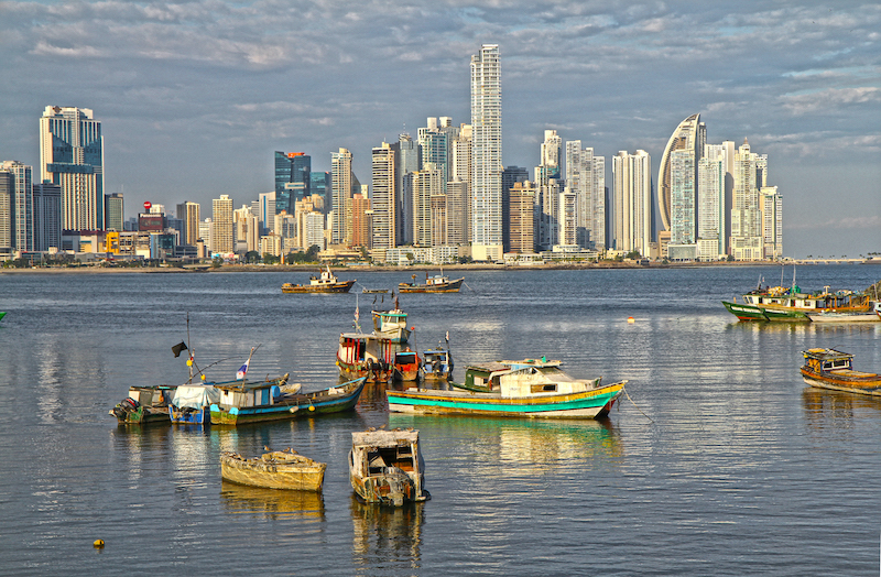 Waterfront view of Panama city with boats lining the shores